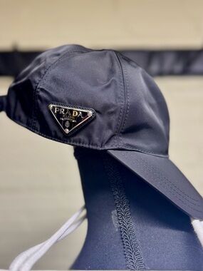 Prada, Women’s Black Nylon Cap with Black & Silver Triangle Logo, Size M
